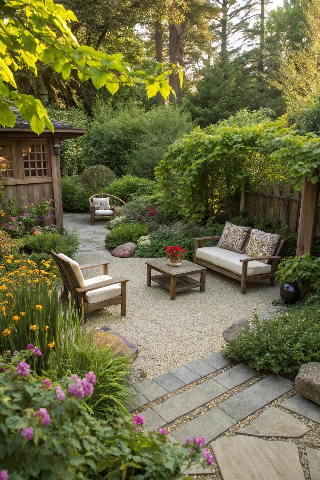 A sunken design adds depth and interest to a pea gravel patio.