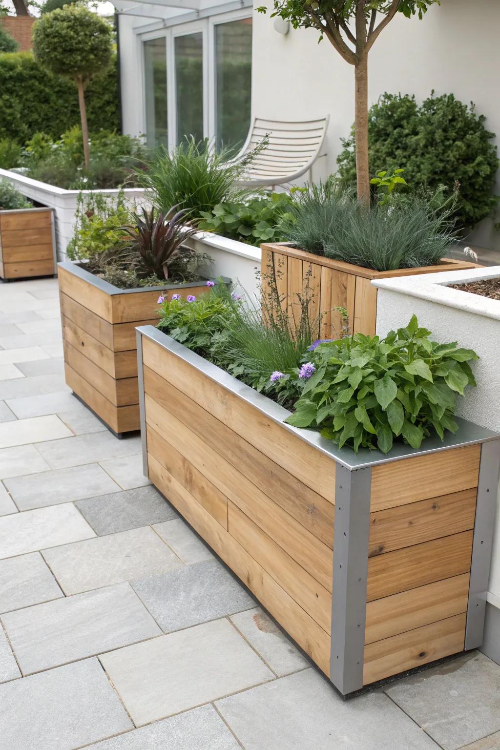 The blend of natural and urban elements in planters.