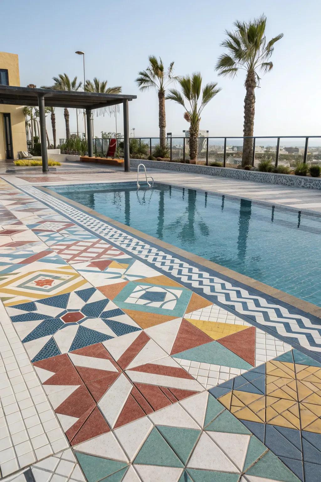 Add a modern touch with geometric patterns on your pool deck.