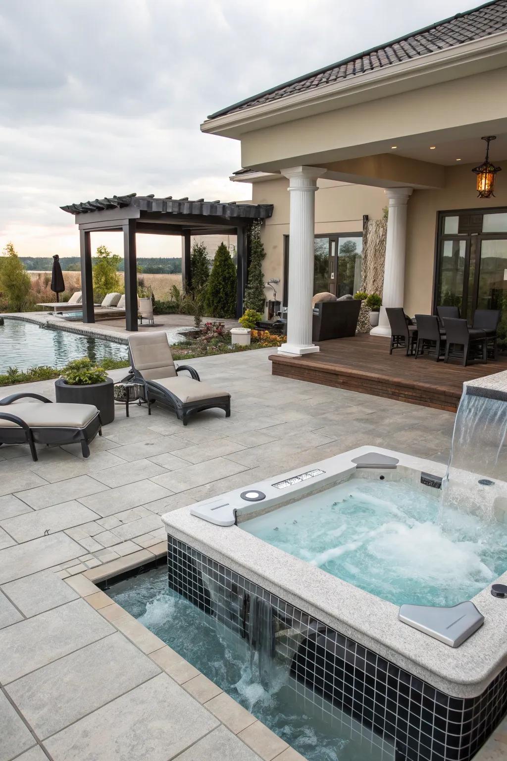 A modern pool patio with luxurious water features.