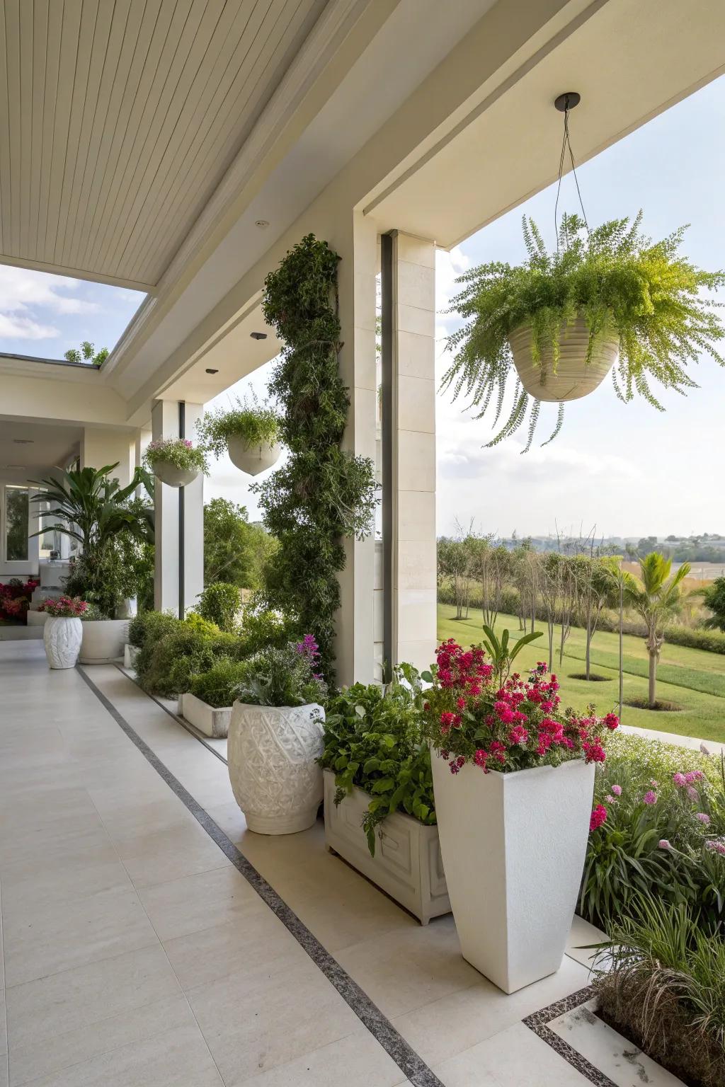 A modern porch with artistic decorations and planters.