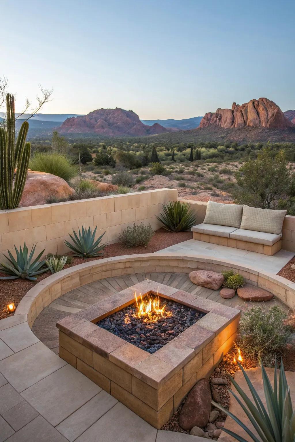 Sandstone and succulents bring desert charm to a sunken fire pit.