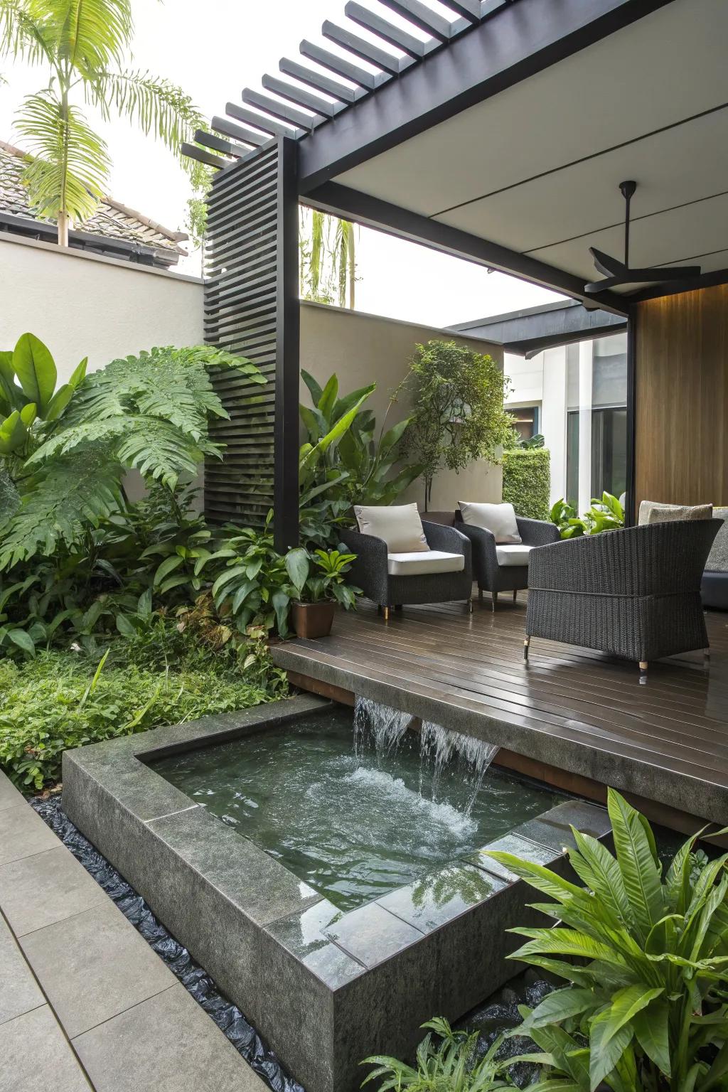A water feature adds tranquility and elegance.