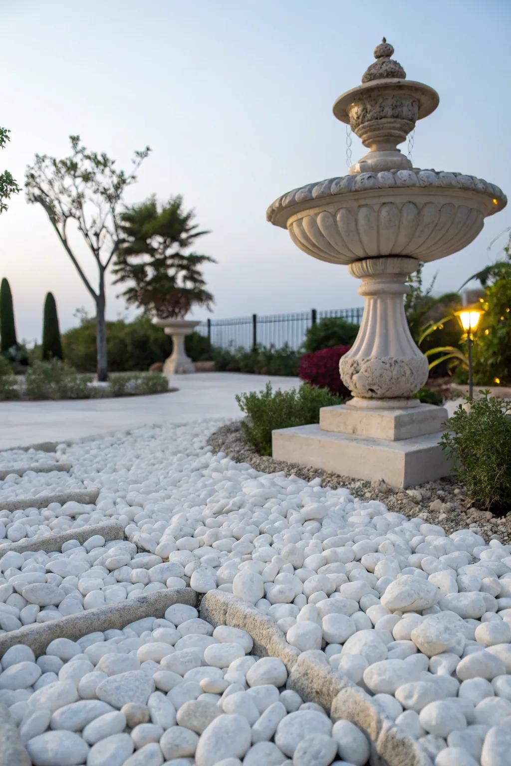White pebbles highlight garden sculptures beautifully.