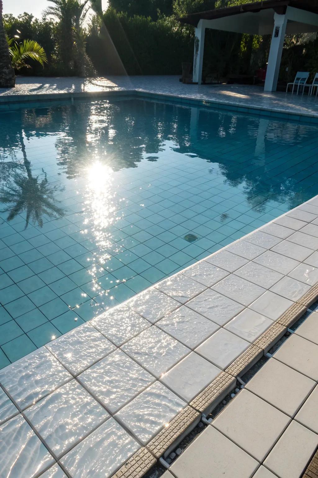 Glossy white tiles creating a shimmering pool effect.