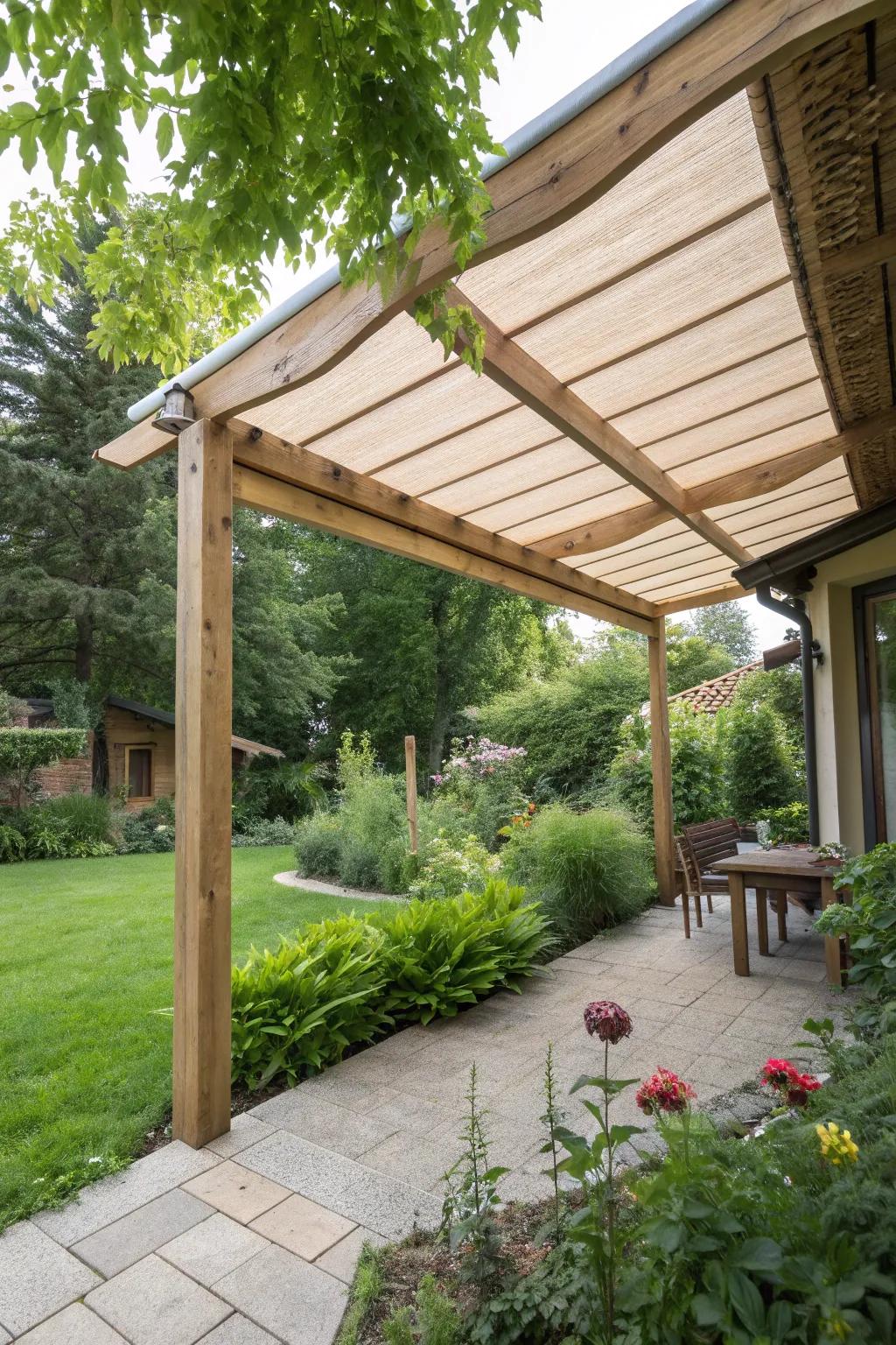 An eco-friendly awning made from sustainably sourced wood for a greener lifestyle.