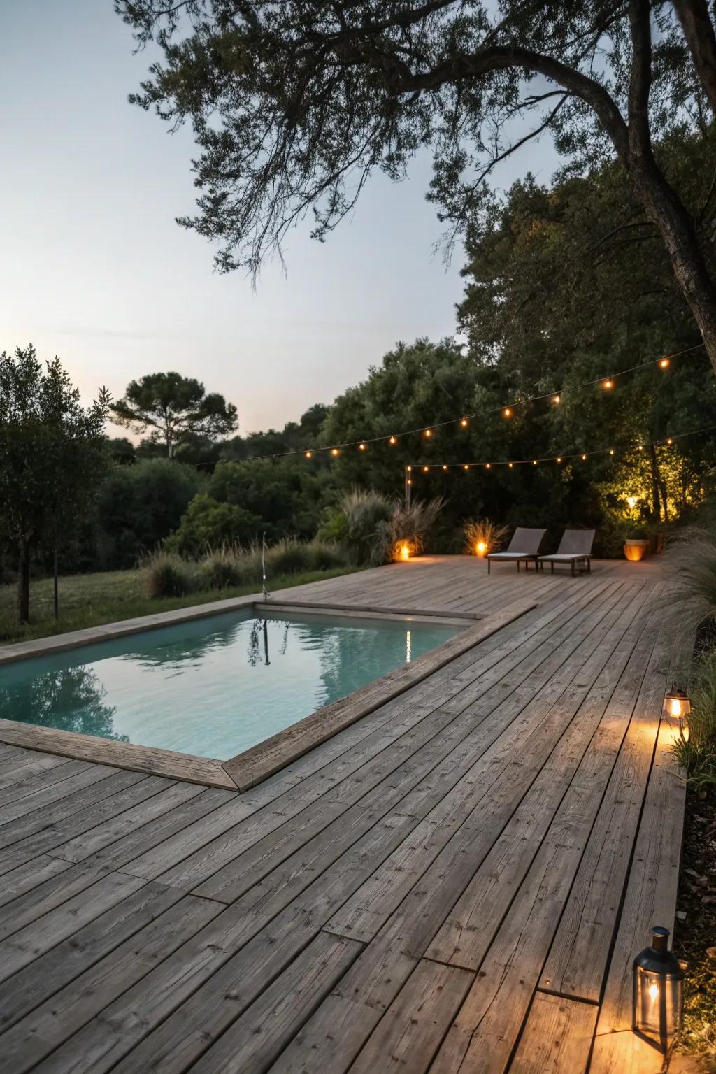 A beautifully lit wood pool deck, perfect for nighttime enjoyment.