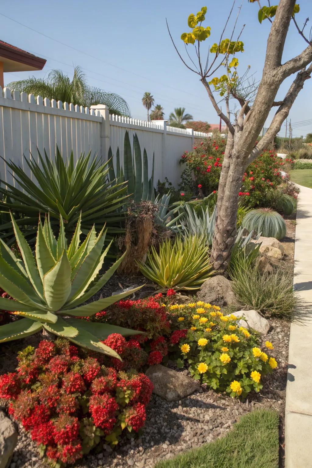 A front yard showcasing a mix of contrasting plant textures and colors.