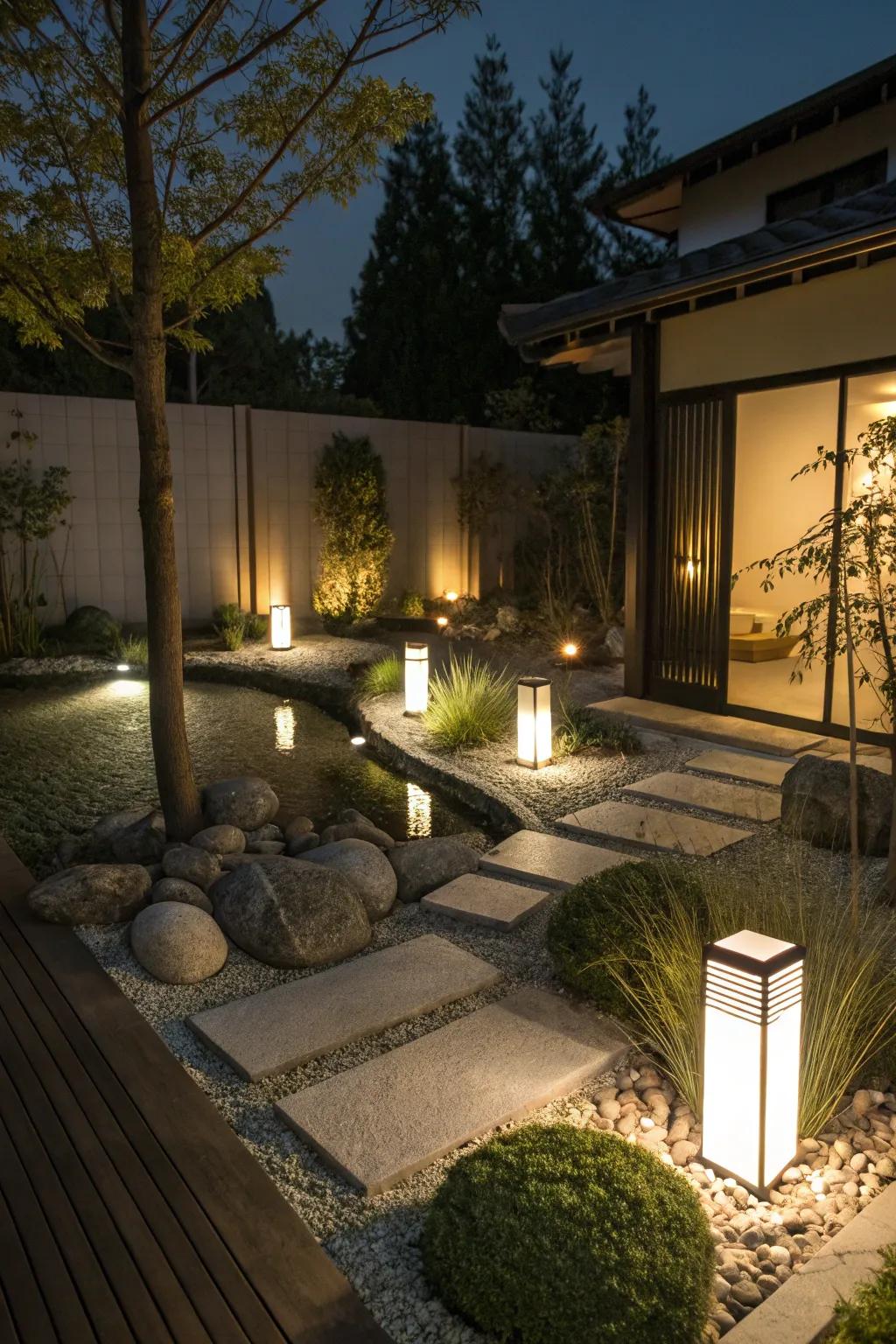 Lighting enhances the ambiance of a Zen garden at night.