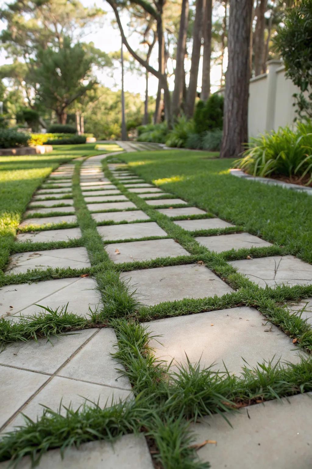 Dwarf mondo grass fills the gaps between pavers, adding charm to this garden walkway.