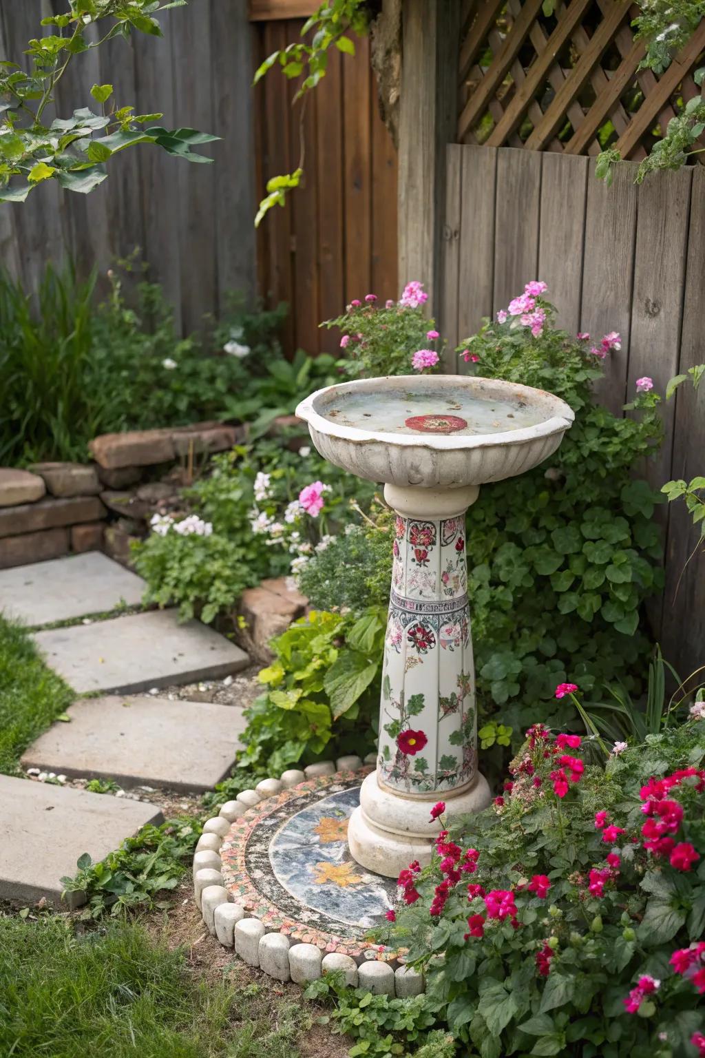 A vintage-style mosaic bird bath, crafted from delicate, repurposed china.