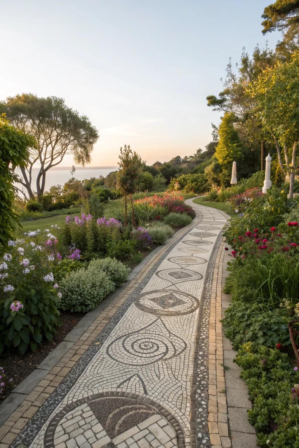 Mixing textures adds depth and interest to this mosaic path.