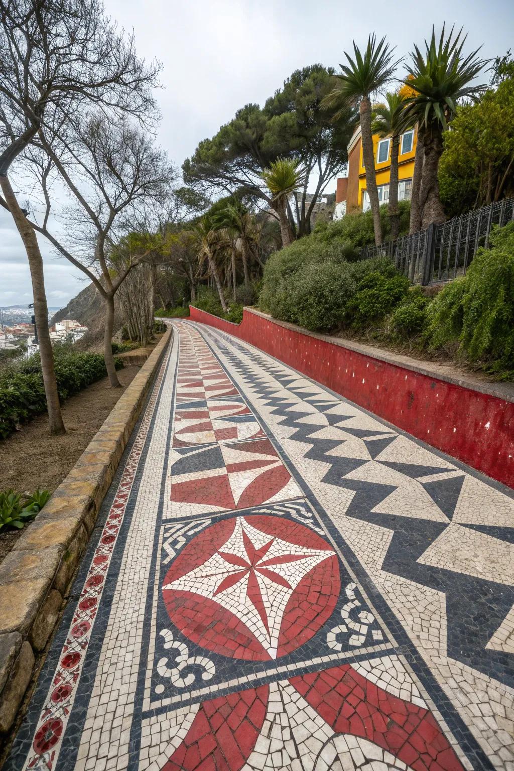 A dramatic mosaic pathway featuring bold geometric patterns, making a powerful statement.