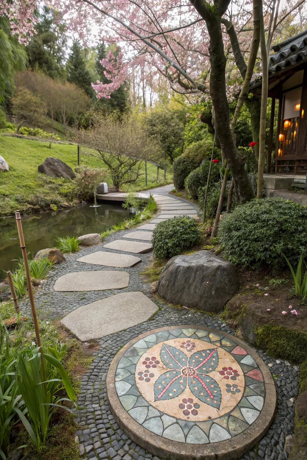 Japanese-inspired mosaic stones cultivate a peaceful garden vibe