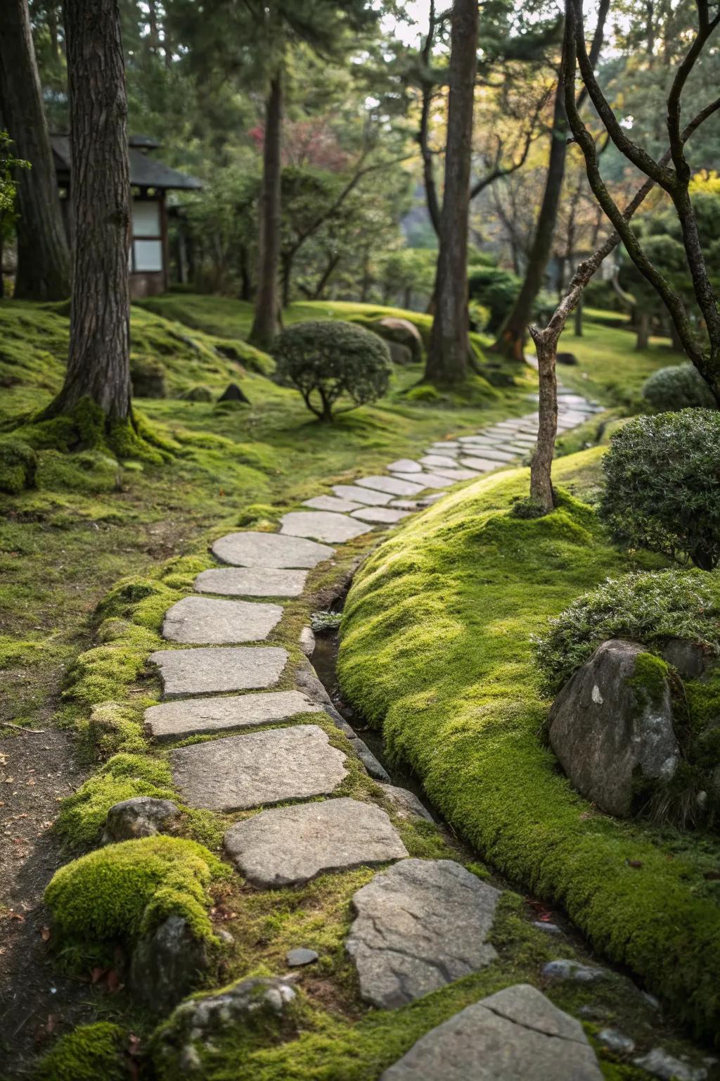 A garden stepping stone pathway with moss filling the spaces between stones, offering a picturesque walk.