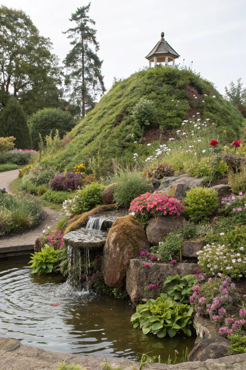 A water feature adds tranquility to garden mounds.