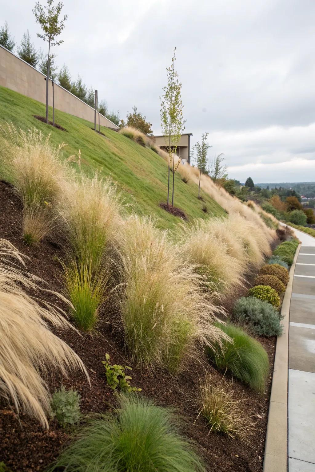 Muhly grass used for erosion control on a garden slope.