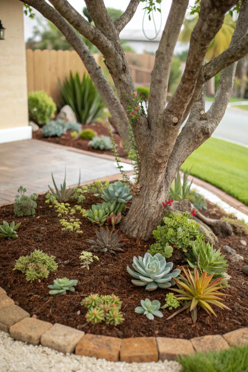 Succulents in mulch offer a unique, low-maintenance look.