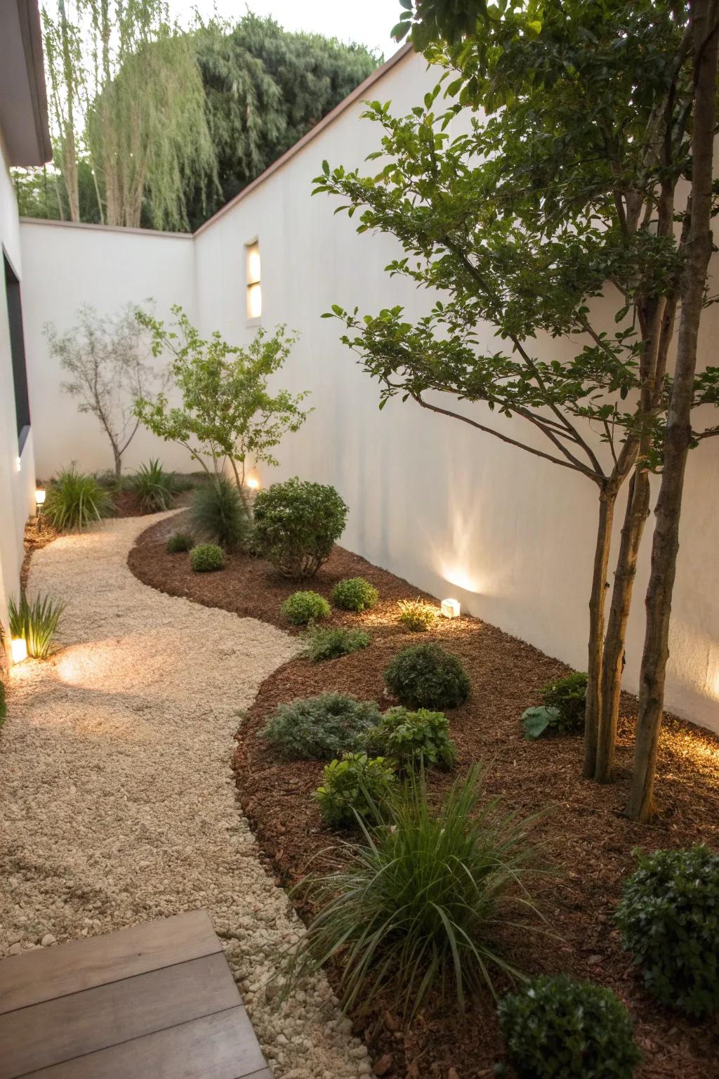 A simple yet elegant garden with natural mulch and minimalist design.