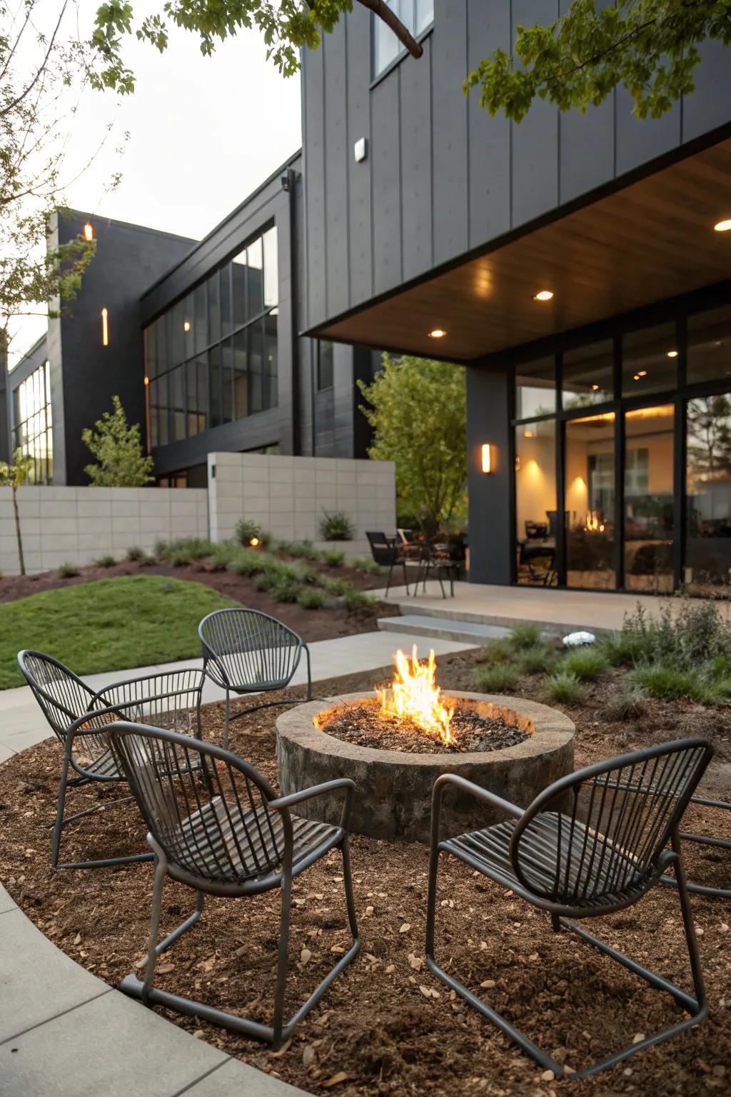Metal chairs bring a modern touch to the fire pit area.