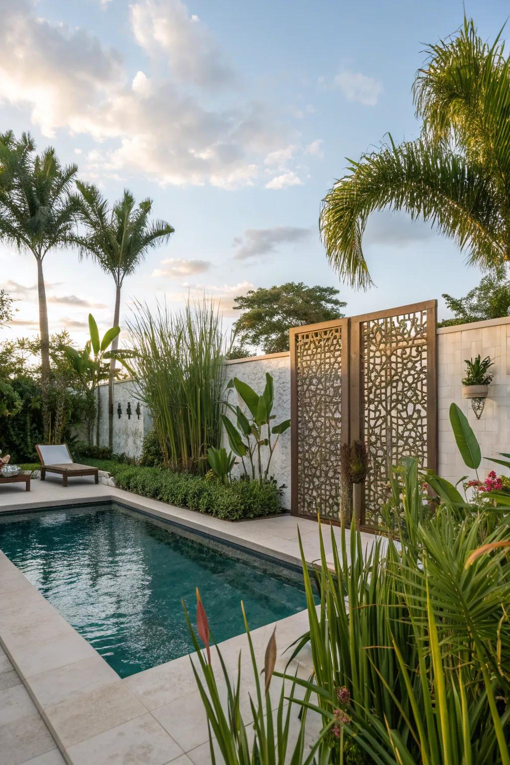 Tall plants and screens provide privacy around the pool.