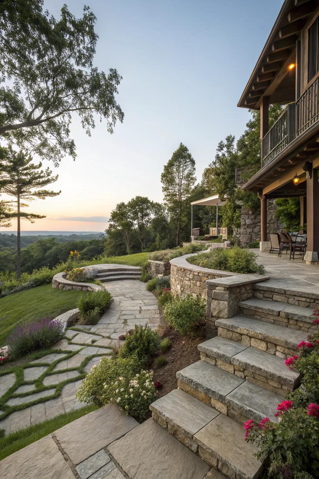 Add rustic charm with stone pathways between patio levels.