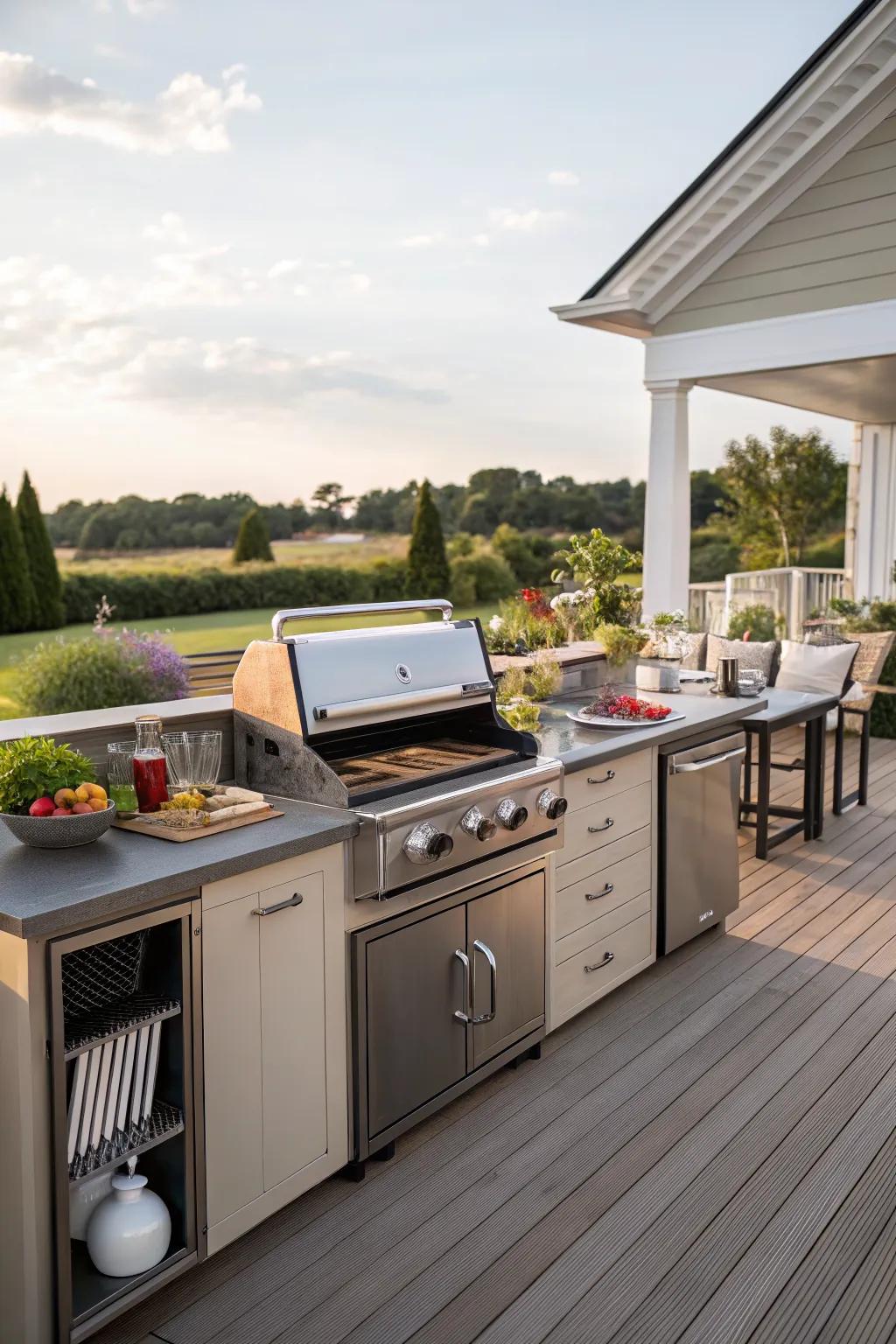An outdoor kitchen on a deck, ideal for culinary enthusiasts.
