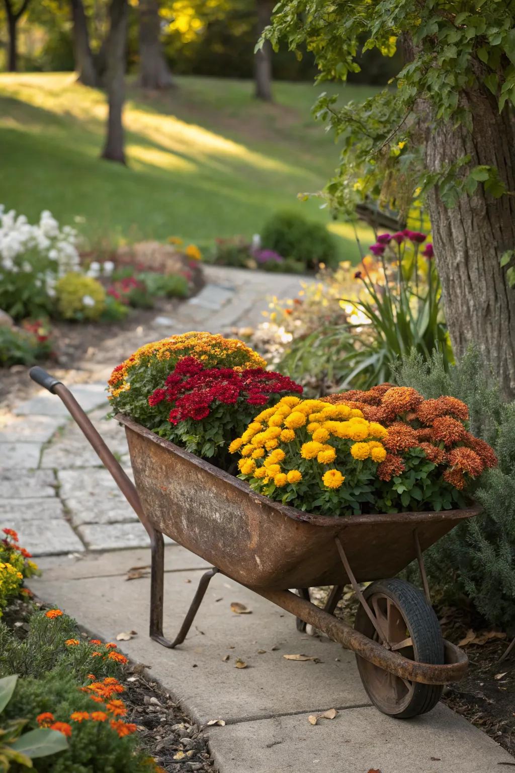 An old wheelbarrow makes a charming planter for mums.