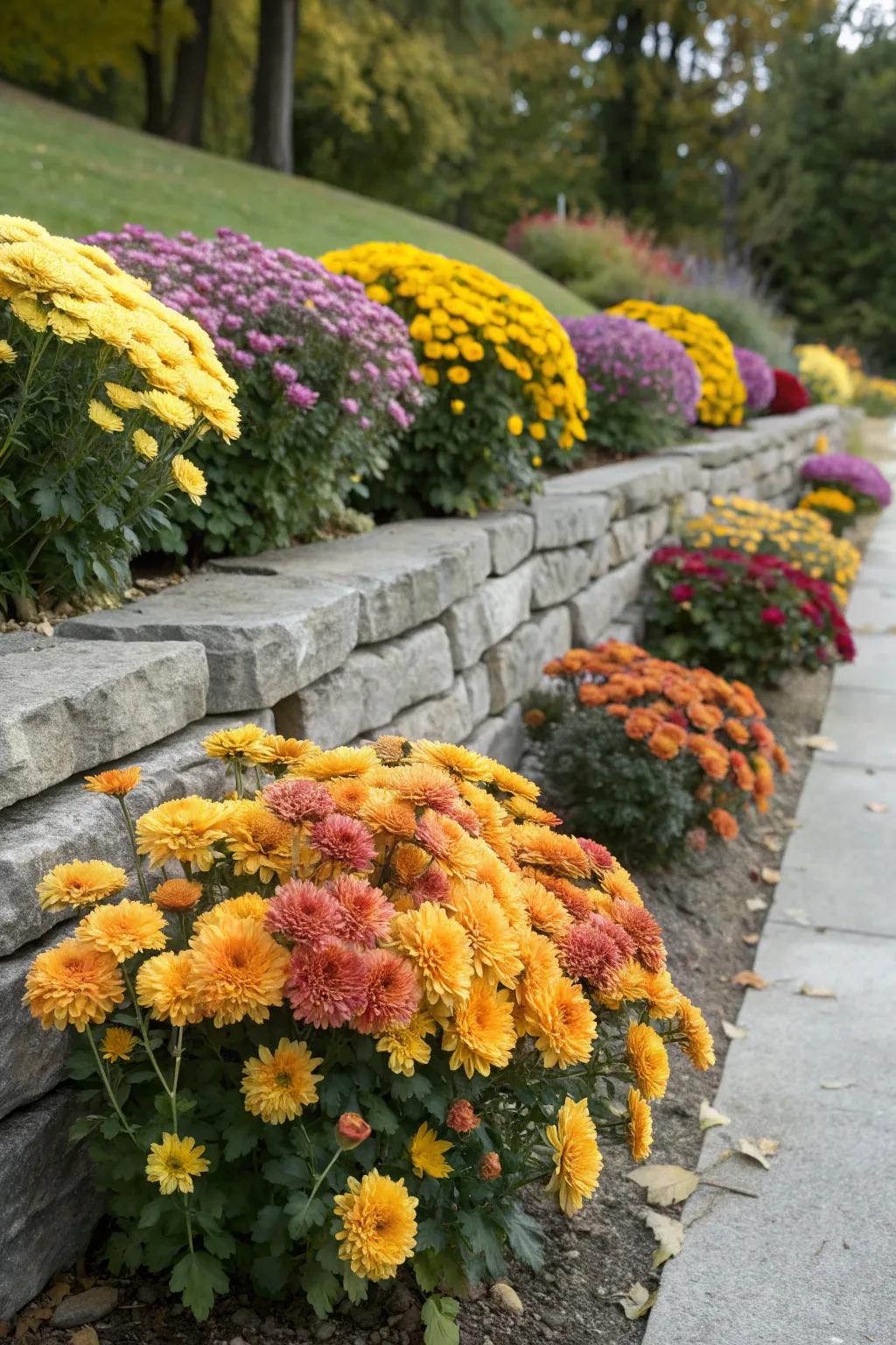 Mums paired with stone work for rustic appeal.