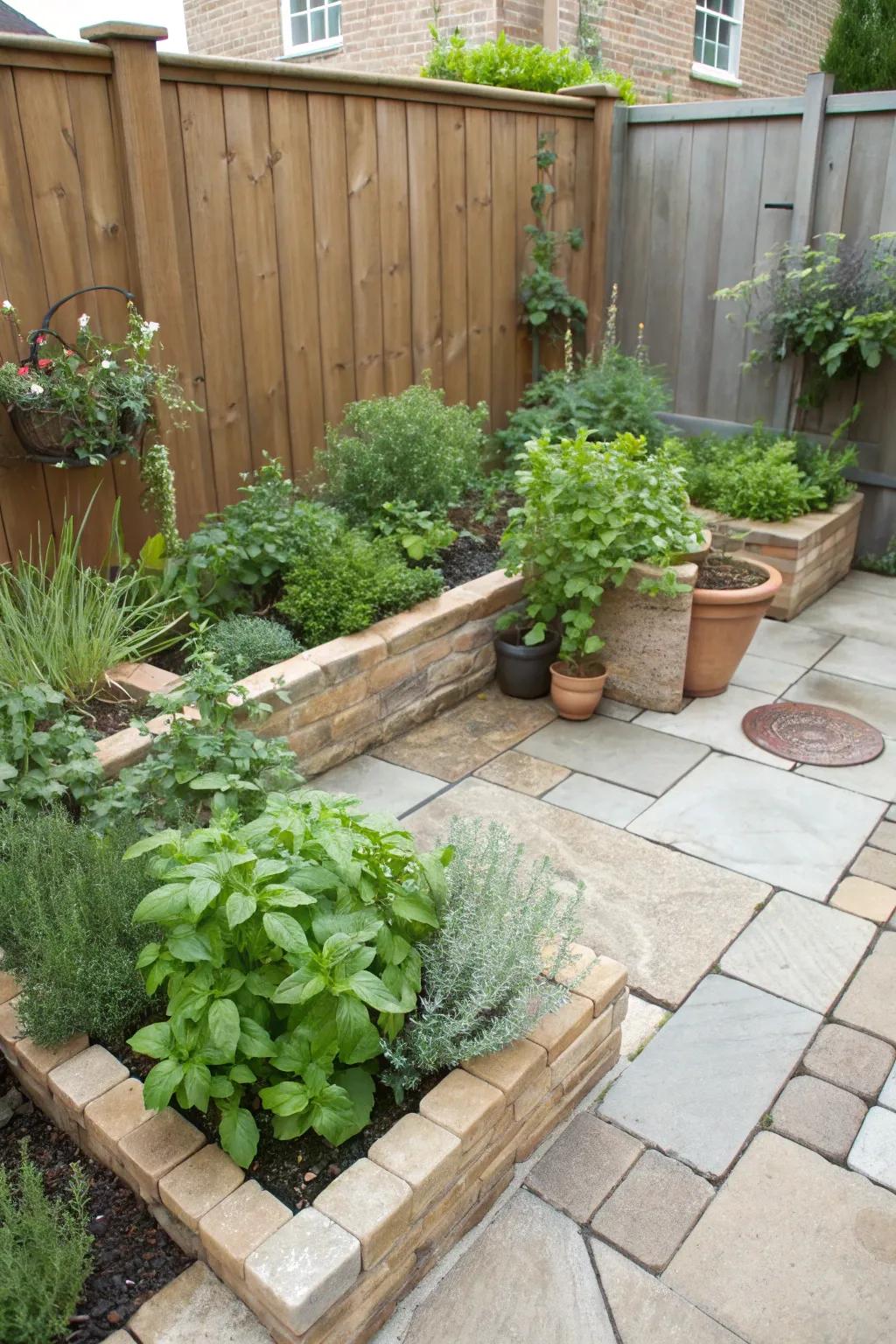A corner herb garden offers fresh flavors and scents.