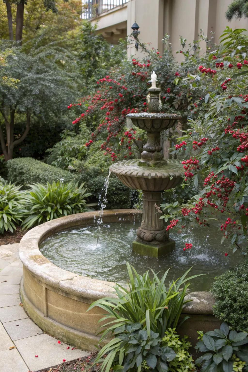 Nandina softens water features, adding tranquility to garden landscapes.
