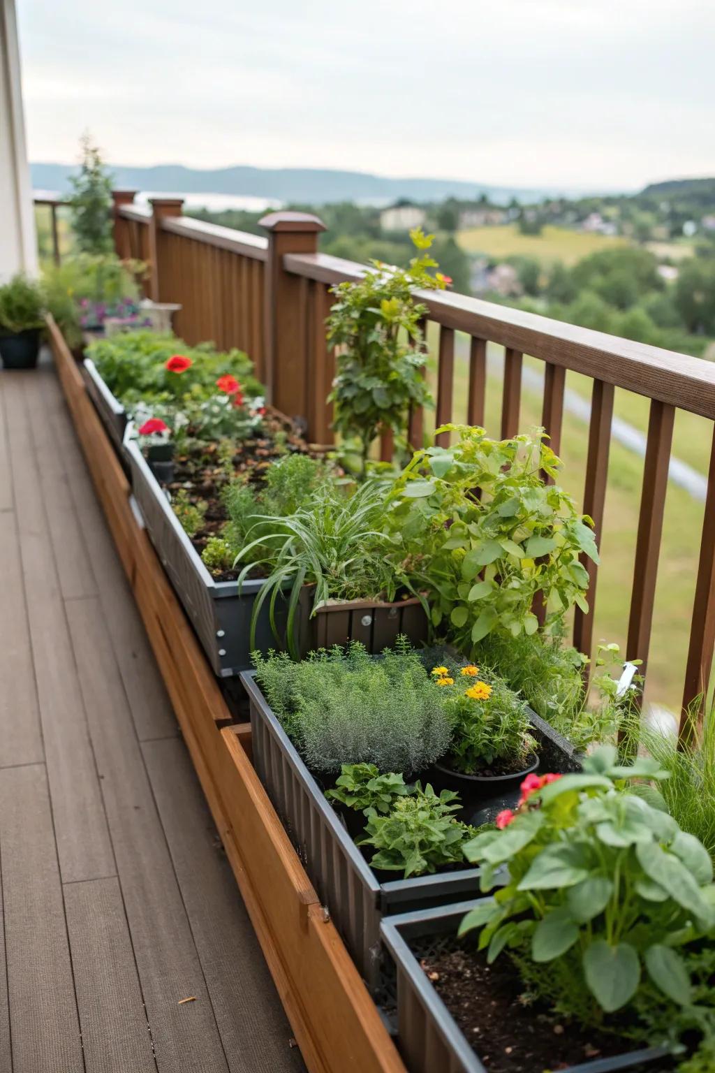 Built-in planters seamlessly integrate greenery into the deck.