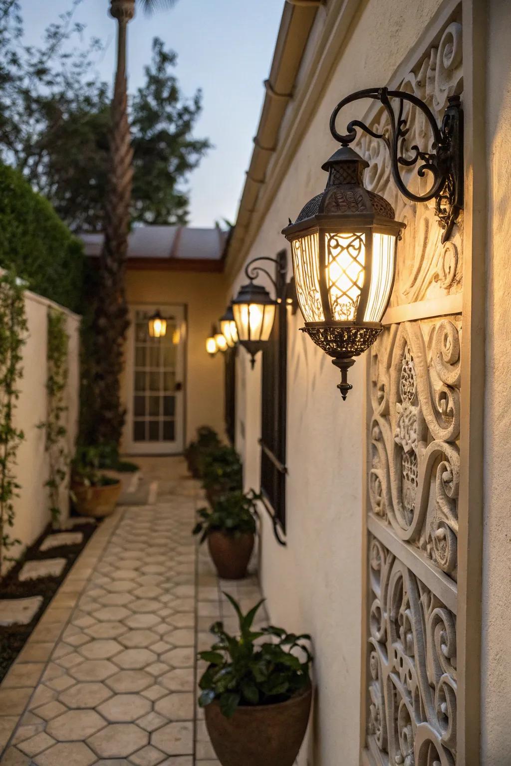 Wall-mounted lanterns on a narrow patio.