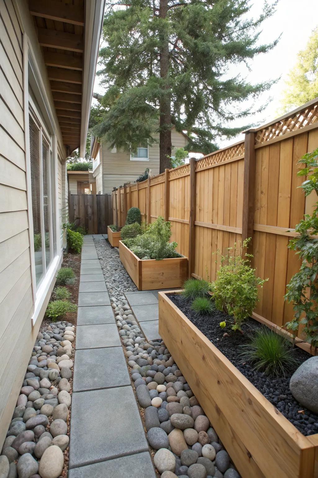 Stone and wood accents bring a natural touch to narrow spaces.