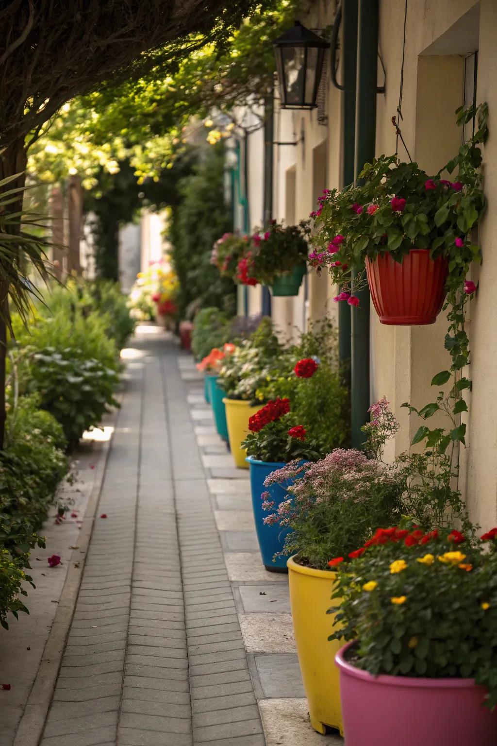 A narrow walkway lined with vibrant container plants.