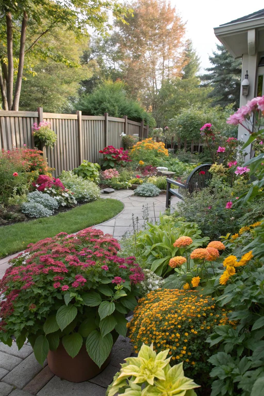A backyard filled with plants that provide color year-round.