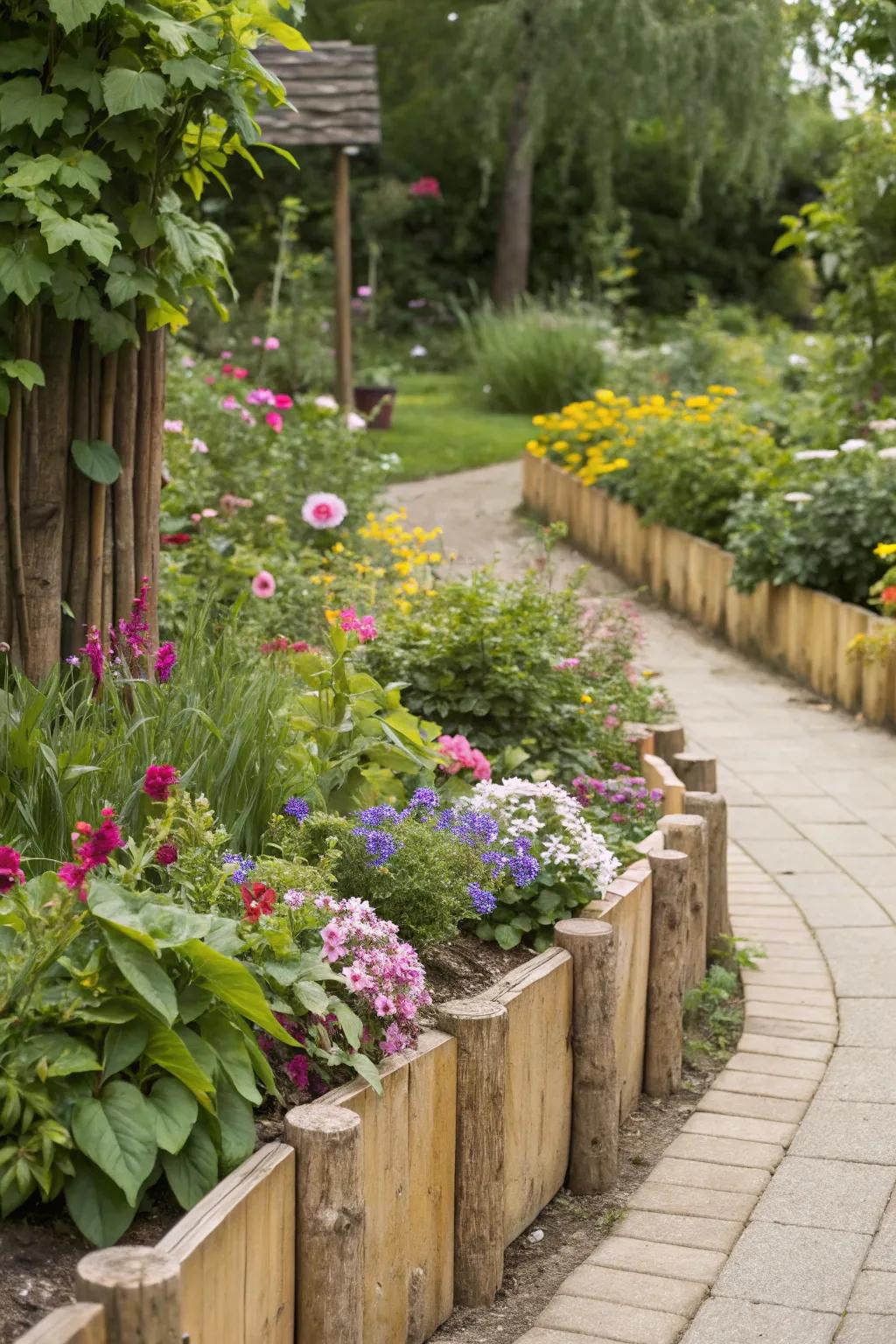 Natural wood edging enhancing the rustic beauty of a garden.