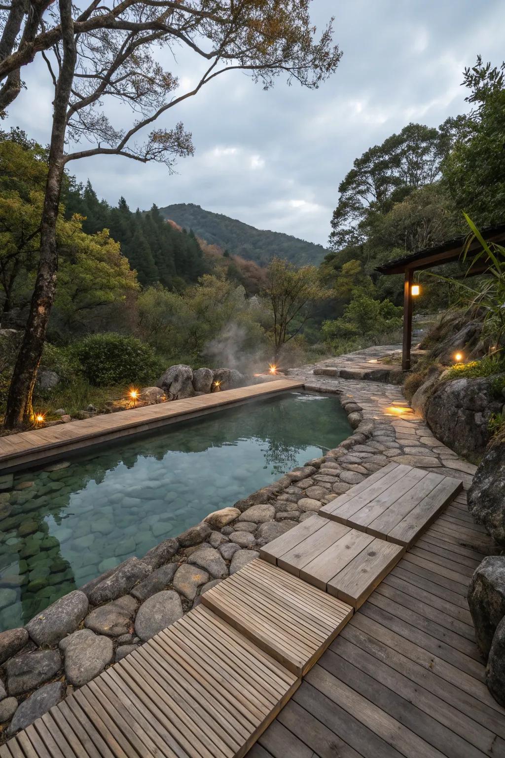 Natural materials provide an authentic and harmonious poolside experience.