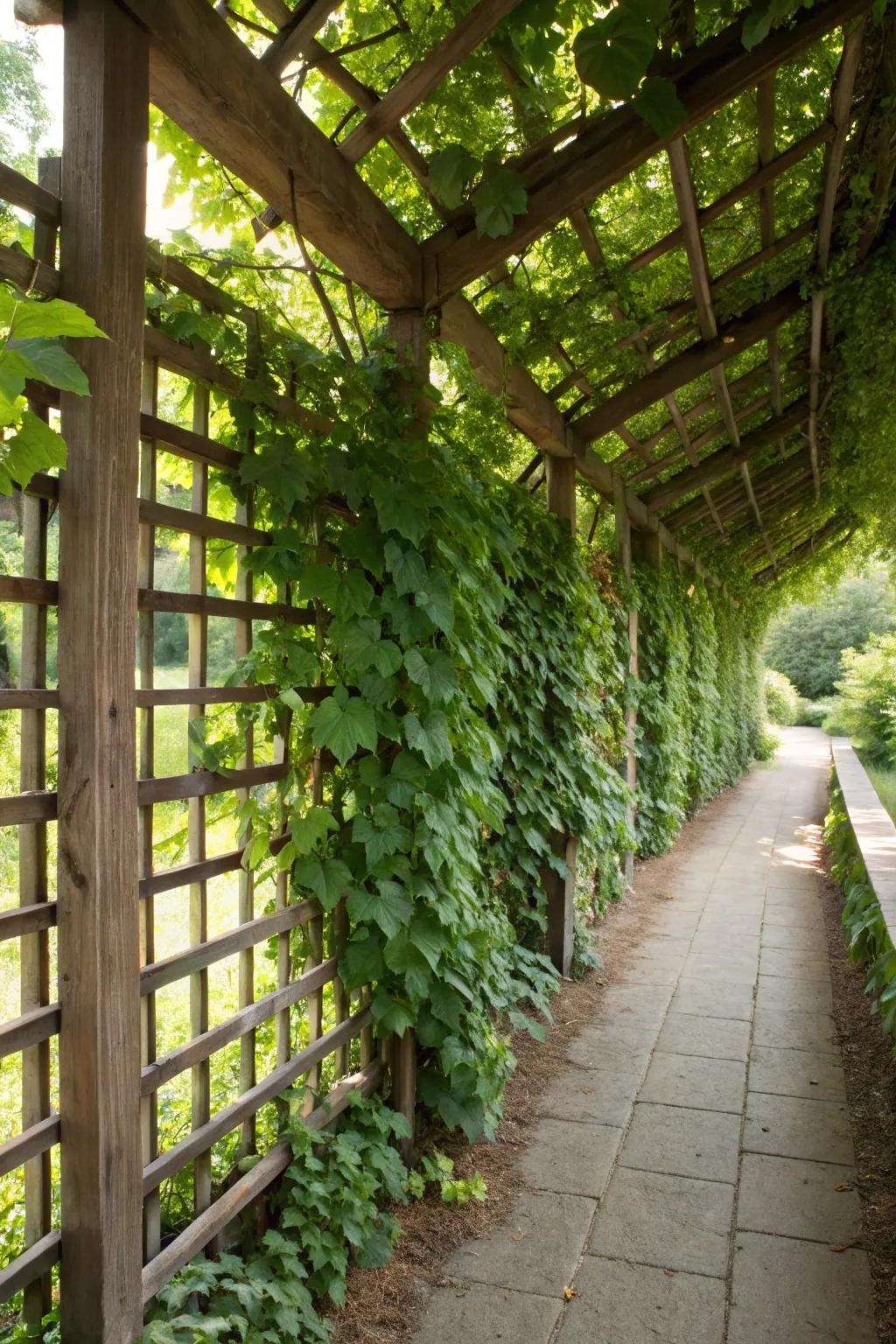 Climbing vines on trellises offer floral privacy in the garden.