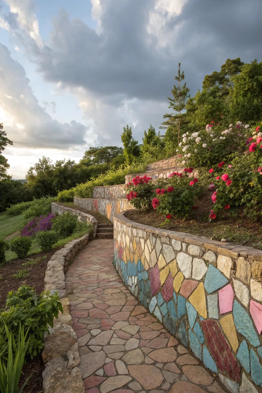 A colorful mosaic stone wall that stands out in the garden.
