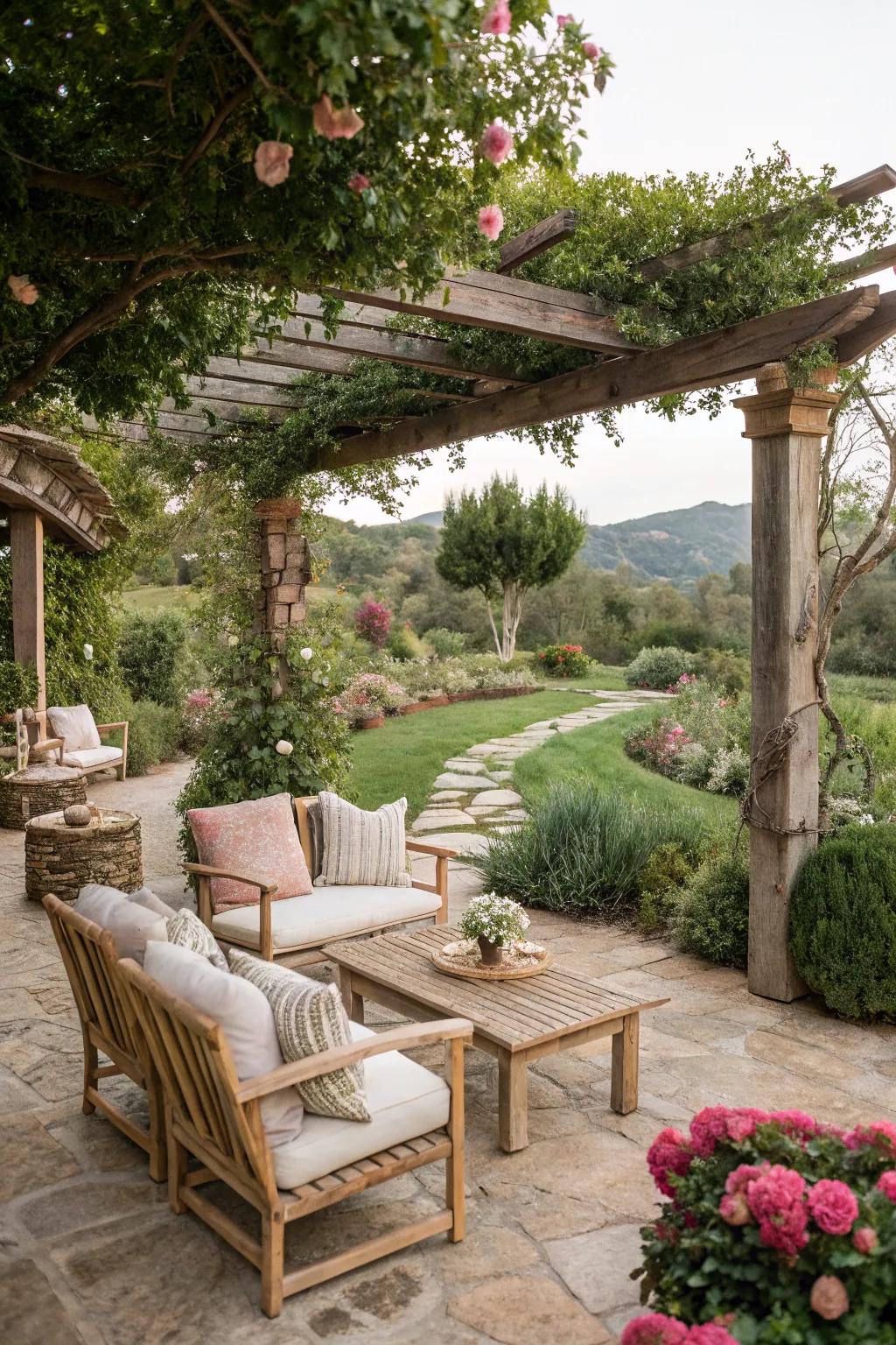 A rustic outdoor living space invites relaxation and conversation.