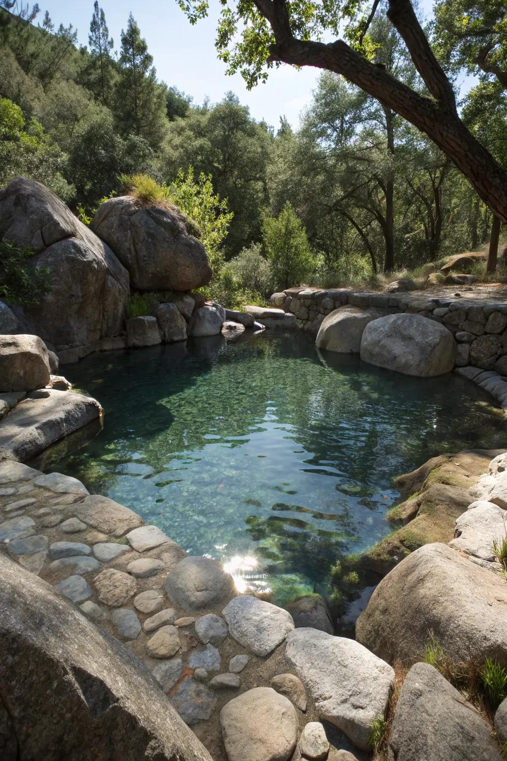 A natural swimming pool accentuated with large boulders, adding a rugged natural charm.