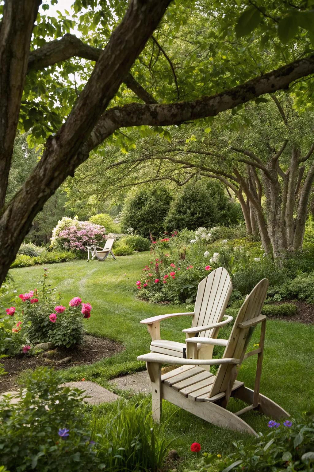 Adirondack chairs offer a cozy spot for relaxation in your garden.