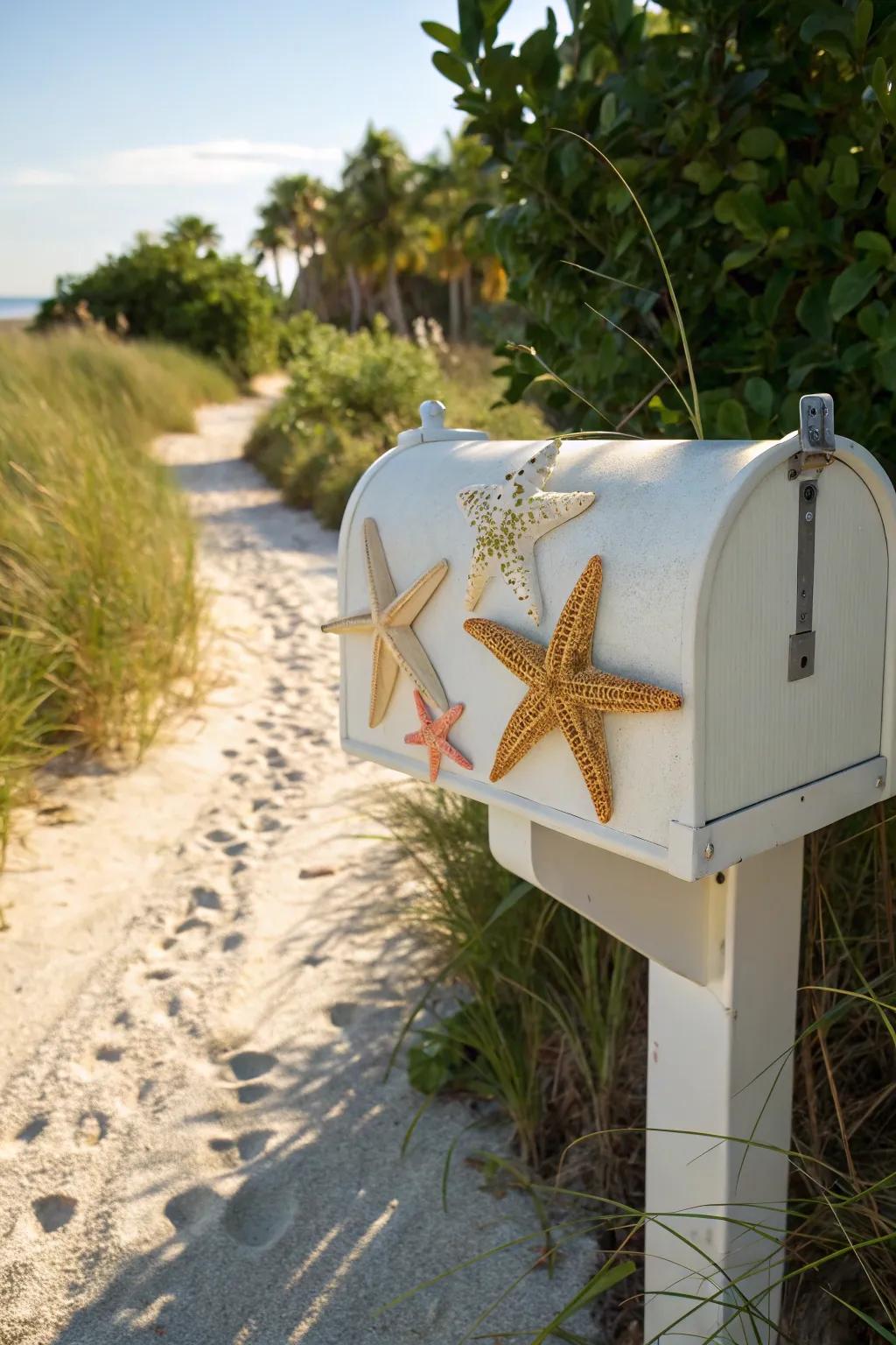 A mailbox adorned with starfish accents.