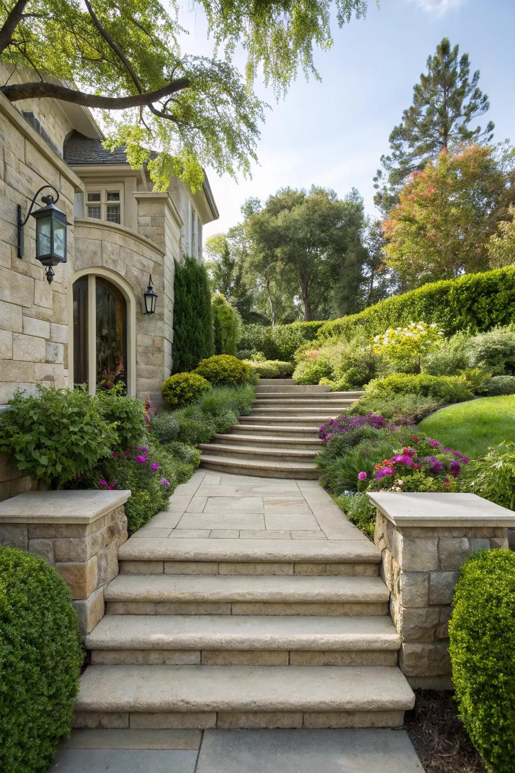 Elegant entryways with stone steps.