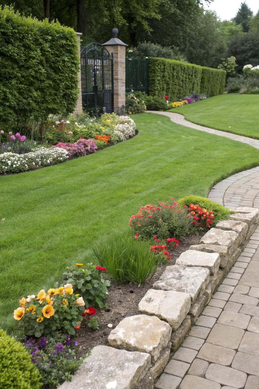 Lush lawns and clear edging provide a polished garden appearance.