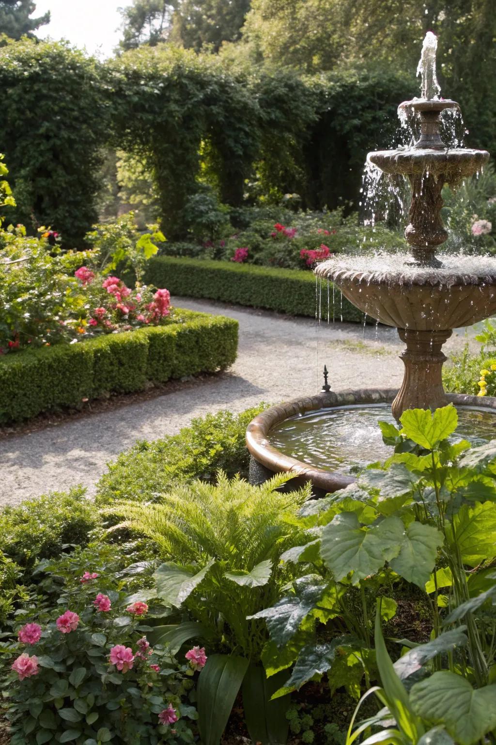 A tranquil fountain nestled among lush greenery.
