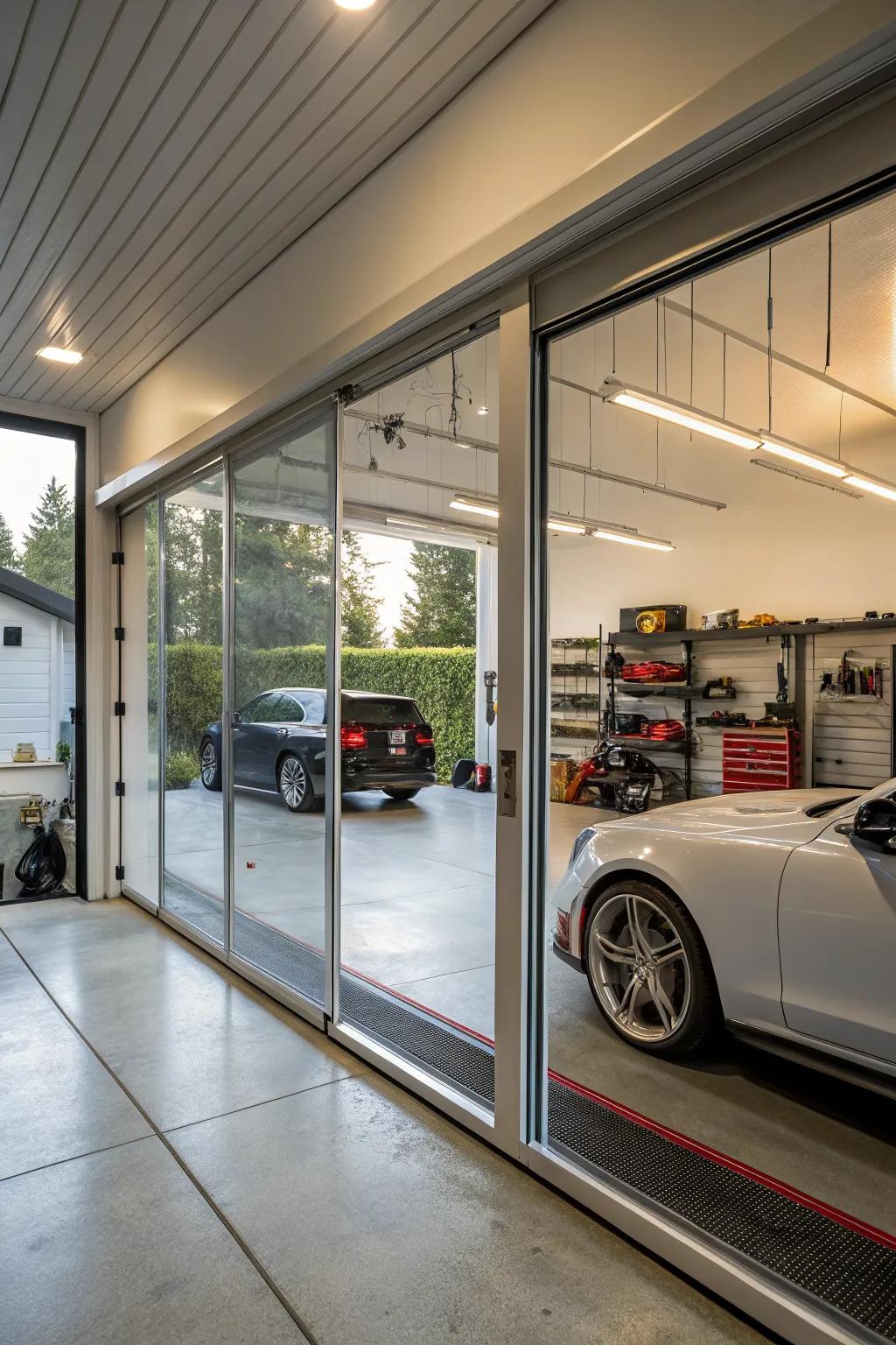A modern garage with innovative glass doors.