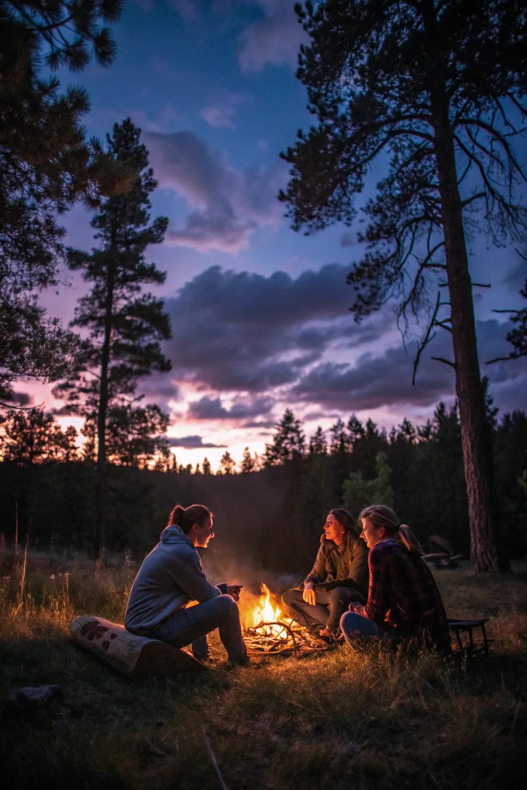 A cozy campfire providing warmth and ambiance for a nighttime picnic.