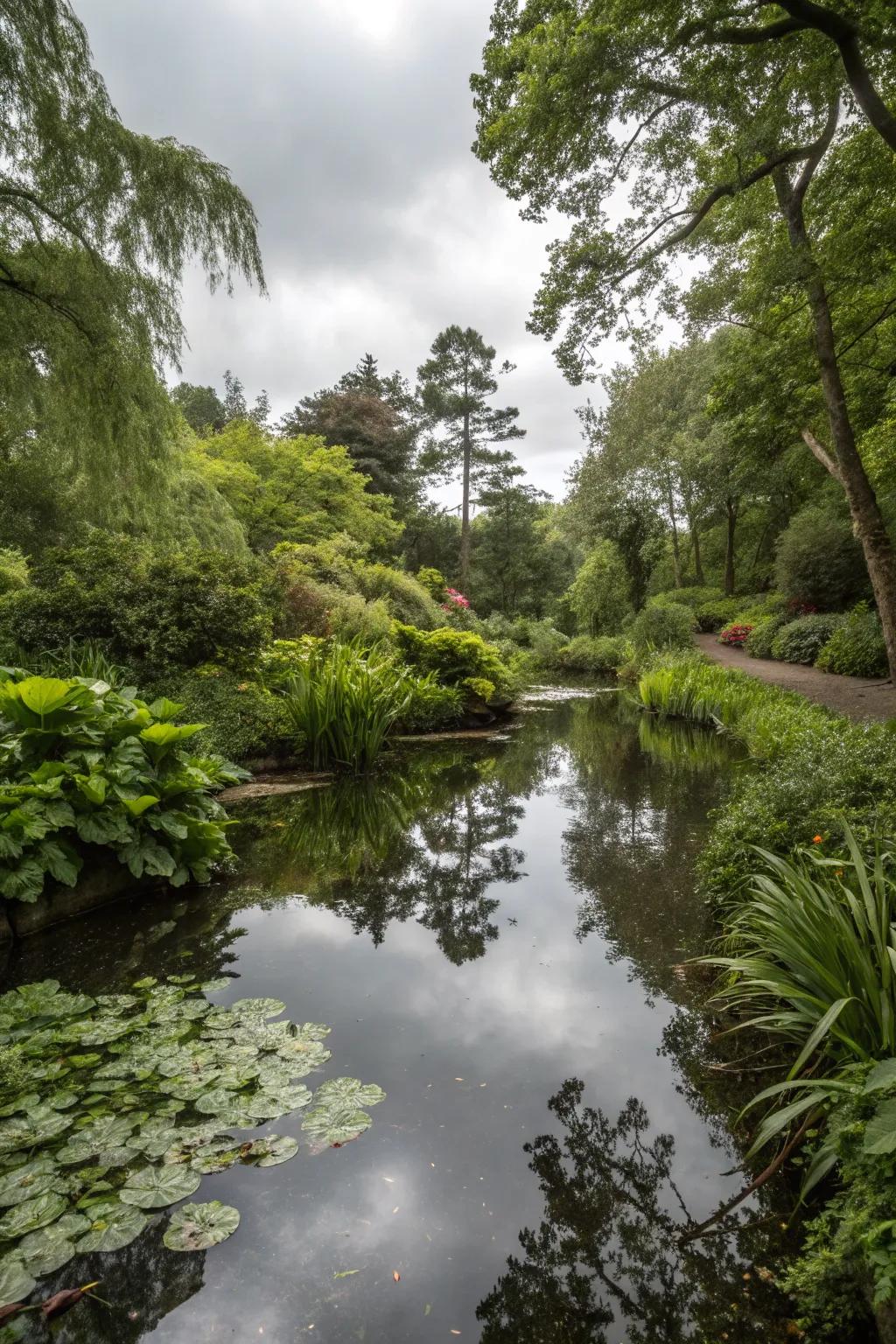 A reflective pond enhancing brightness in a shaded garden.